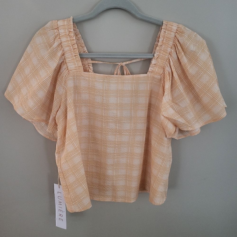 Lumiere Spring Top Small Orange and White Square Neck Keyhole open back NWT